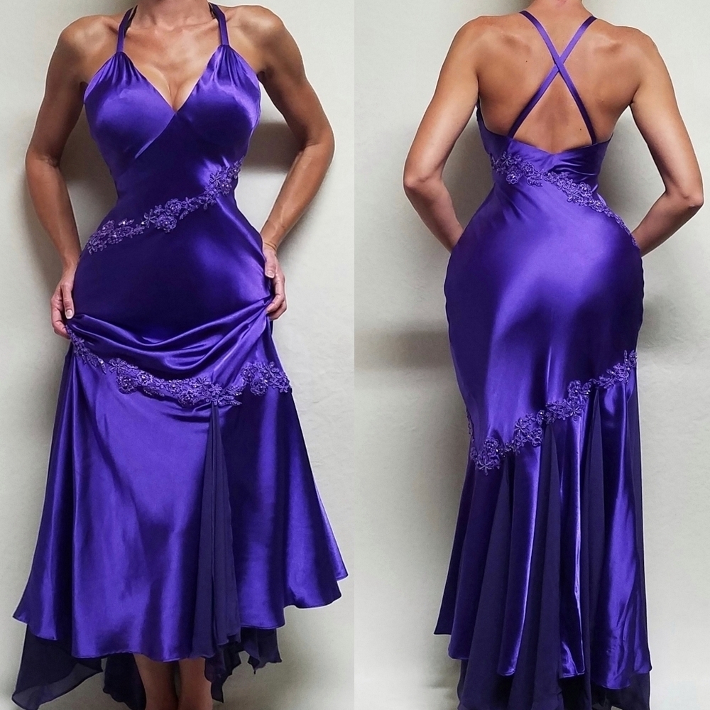 90s Vintage Indigo Purple Satin Chiffon Paneled Floral Applique Racerback Gown M